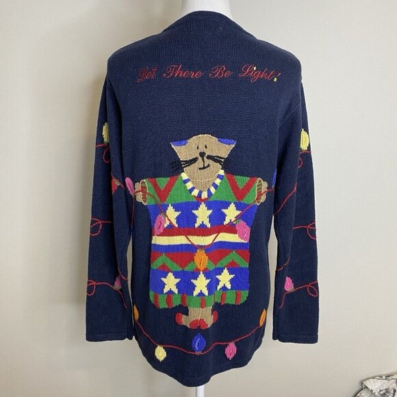Vintage Quacker Factory Cat Holiday Christmas Light Sweater Cardigan Blue Medium - Picture 5 of 12